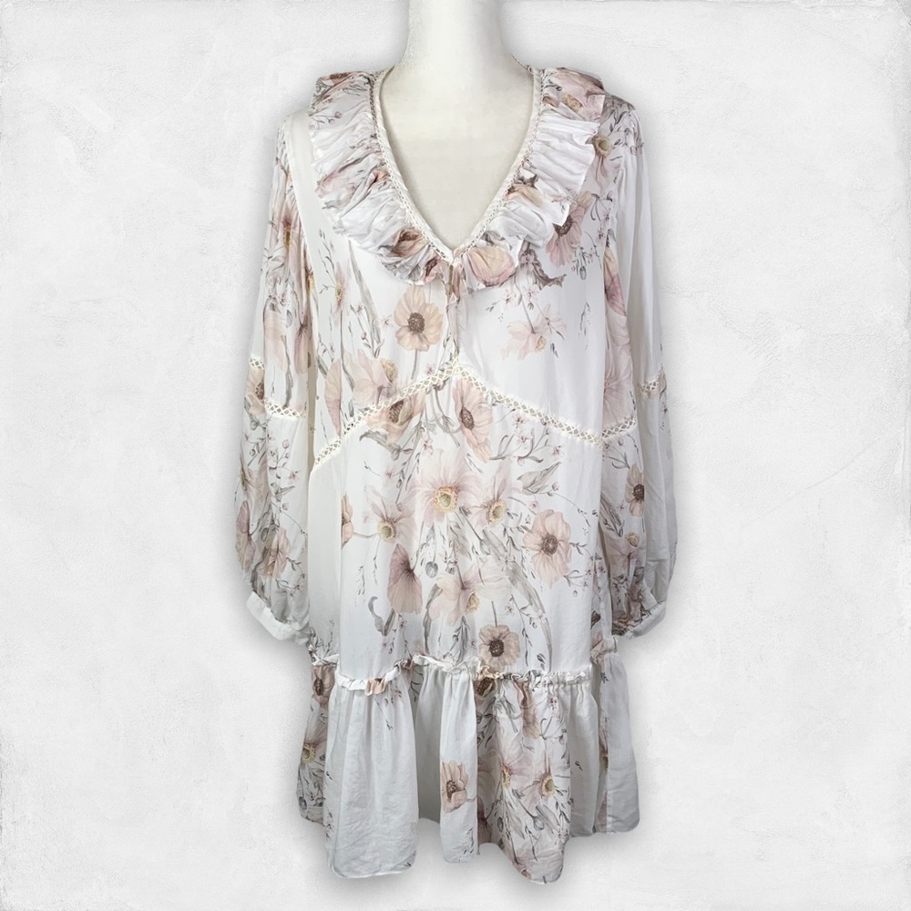 H&M white floral flounced dress 12 loose fit babydoll prairie dress